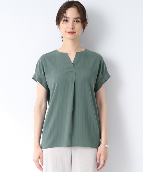 【1枚で映える！/洗える/接触冷感/吸水速乾】ストライプ袖コンブラウス