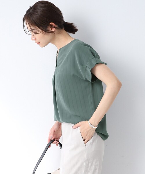 【1枚で映える！/洗える/接触冷感/吸水速乾】ストライプ袖コンブラウス