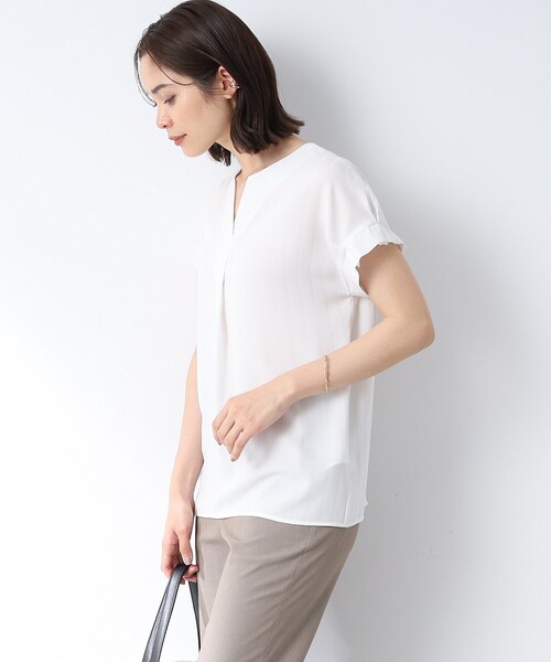 【1枚で映える！/洗える/接触冷感/吸水速乾】ストライプ袖コンブラウス