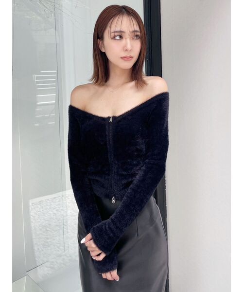 GYDA（ジェイダ）の「2WAY シャギーダブルZIP ニットトップス（ニット/セーター・レディース・オフホワイト/ブラック・FREE）」の4枚目の写真