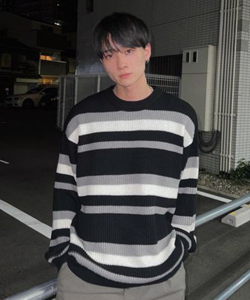 PICSAS（ピクサス）の「【PICSAS】ランダムボーダークルーニット（ニット/セーター・メンズ・ブルー/ブラック/アイボリー/グリーン・M/L）」の10枚目の写真