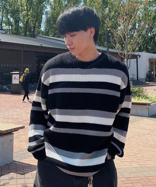 PICSAS（ピクサス）の「【PICSAS】ランダムボーダークルーニット（ニット/セーター・メンズ・ブルー/ブラック/アイボリー/グリーン・M/L）」の11枚目の写真