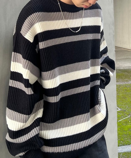 PICSAS（ピクサス）の「【PICSAS】ランダムボーダークルーニット（ニット/セーター・メンズ・ブルー/ブラック/アイボリー/グリーン・M/L）」の13枚目の写真