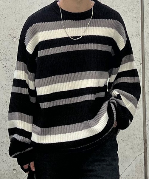 PICSAS（ピクサス）の「【PICSAS】ランダムボーダークルーニット（ニット/セーター・メンズ・ブルー/ブラック/アイボリー/グリーン・M/L）」の15枚目の写真