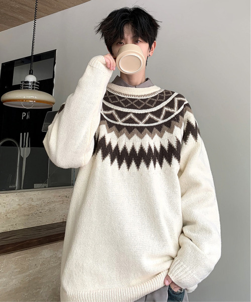 neos(ネオス)の「【neos -addictive design-】ルーズシルエット 球心 ネイティブ 総柄 クルーネック プルオーバー ニット セーター(ニット/セーター・メンズ・ブラウン/ホワイト/グレー/ブラック・X-LARGE/LARGE/MEDIUM)」の2枚目の写真