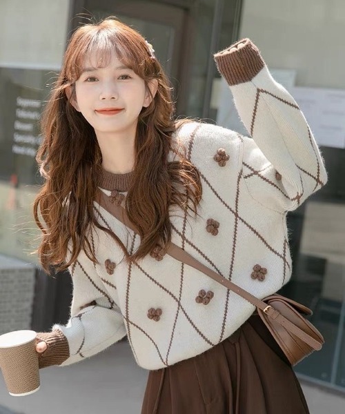 Achic(アシック)の「ラウンドネック ひし形ポップコーン ニットプルオーバー(Tシャツ/カットソー・レディース・ブラウン系その他/ブラック/ホワイト・M)」の7枚目の写真