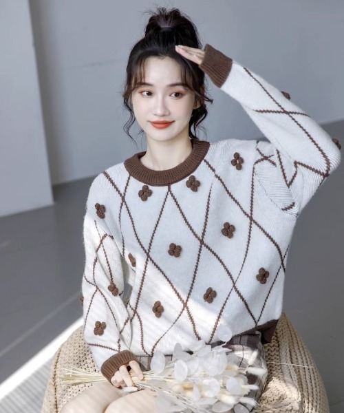 Achic(アシック)の「ラウンドネック ひし形ポップコーン ニットプルオーバー(Tシャツ/カットソー・レディース・ブラウン系その他/ブラック/ホワイト・M)」の10枚目の写真