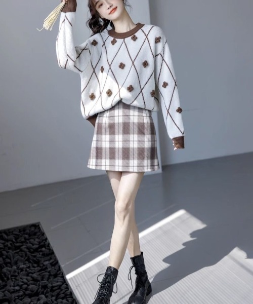 Achic(アシック)の「ラウンドネック ひし形ポップコーン ニットプルオーバー(Tシャツ/カットソー・レディース・ブラウン系その他/ブラック/ホワイト・M)」の12枚目の写真