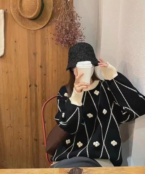 Achic(アシック)の「ラウンドネック ひし形ポップコーン ニットプルオーバー(Tシャツ/カットソー・レディース・ブラウン系その他/ブラック/ホワイト・M)」の15枚目の写真