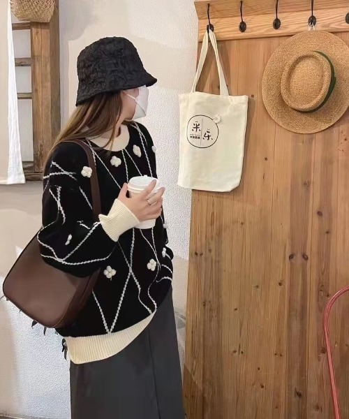 Achic(アシック)の「ラウンドネック ひし形ポップコーン ニットプルオーバー(Tシャツ/カットソー・レディース・ブラウン系その他/ブラック/ホワイト・M)」の16枚目の写真