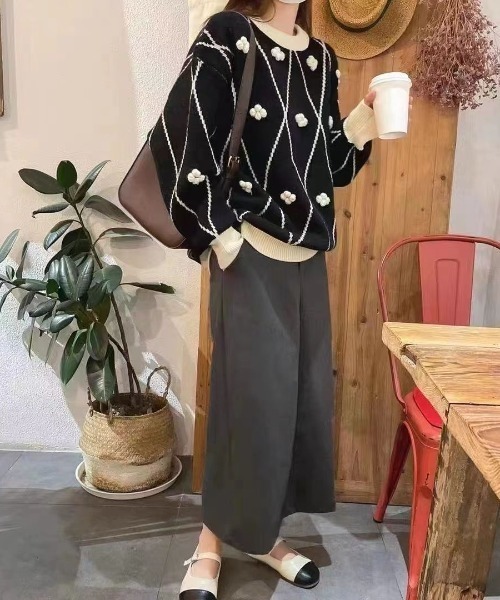 Achic(アシック)の「ラウンドネック ひし形ポップコーン ニットプルオーバー(Tシャツ/カットソー・レディース・ブラウン系その他/ブラック/ホワイト・M)」の17枚目の写真