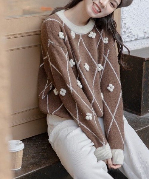 Achic(アシック)の「ラウンドネック ひし形ポップコーン ニットプルオーバー(Tシャツ/カットソー・レディース・ブラウン系その他/ブラック/ホワイト・M)」の18枚目の写真
