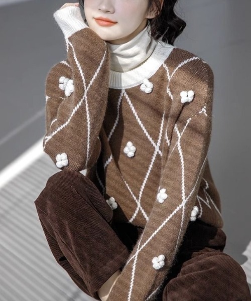 Achic(アシック)の「ラウンドネック ひし形ポップコーン ニットプルオーバー(Tシャツ/カットソー・レディース・ブラウン系その他/ブラック/ホワイト・M)」の19枚目の写真