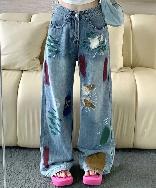 ⭐️新品未使用⭐️Fleur カラーブロックデニムパンツ 新色追加]カーブデニムパンツ【オーガニックコットン】（デニム
