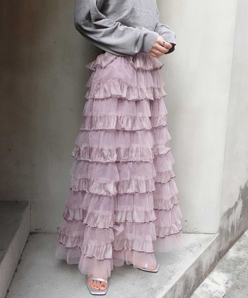Lots of Love（ロッツオブラブ）の「オーガンジー×チュールティアードスカート（スカート・レディース・ブラウン/アイボリー/ブラック/パープル/ベージュ/ピンク・M）」の5枚目の写真