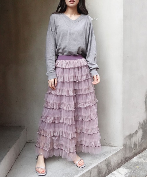 セール】オーガンジー×チュールティアードスカート（スカート