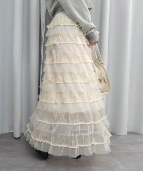 Lots of Love（ロッツオブラブ）の「オーガンジー×チュールティアードスカート（スカート・レディース・ブラウン/アイボリー/ブラック/パープル/ベージュ/ピンク・M）」の8枚目の写真