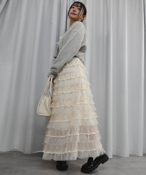 Lots of Love（ロッツオブラブ）の「オーガンジー×チュールティアードスカート（スカート・レディース・ブラウン/アイボリー/ブラック/パープル/ベージュ/ピンク・M）」の9枚目の写真