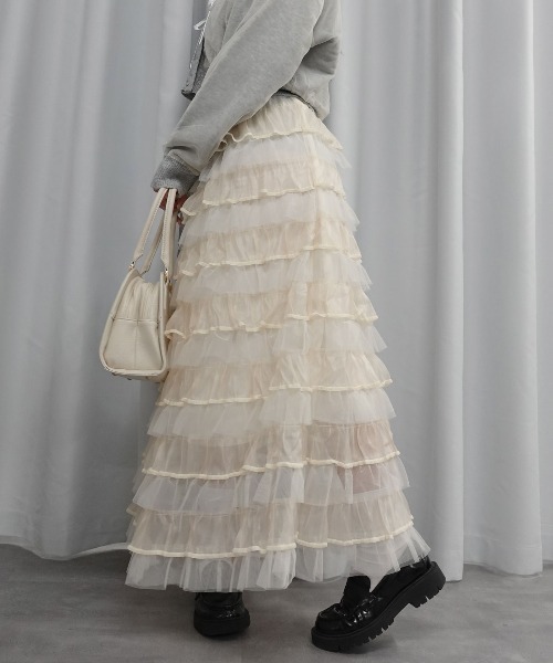 Lots of Love（ロッツオブラブ）の「オーガンジー×チュールティアードスカート（スカート・レディース・ブラウン/アイボリー/ブラック/パープル/ベージュ/ピンク・M）」の11枚目の写真