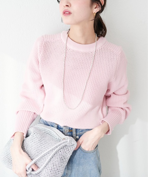 natural couture(ナチュラルクチュール)の「メッシュ編みスポンディッシュニット(ニット/セーター・レディース・チャコールグレー/オフホワイト/ピンク/グリーン・FREE)」の4枚目の写真