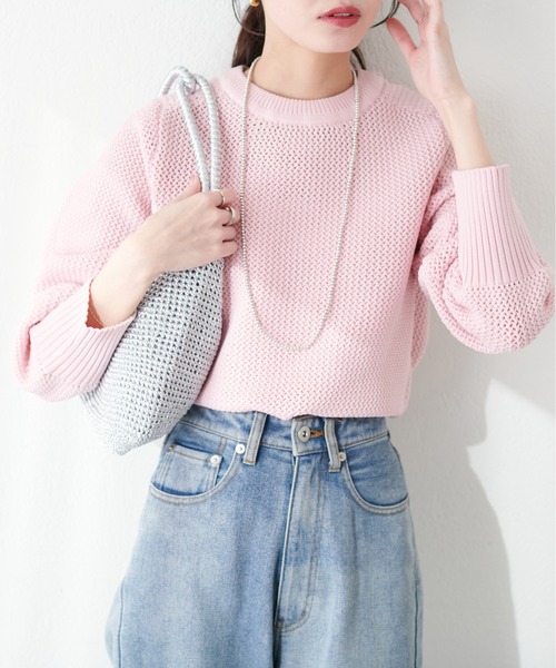 natural couture(ナチュラルクチュール)の「メッシュ編みスポンディッシュニット(ニット/セーター・レディース・チャコールグレー/オフホワイト/ピンク/グリーン・FREE)」の20枚目の写真