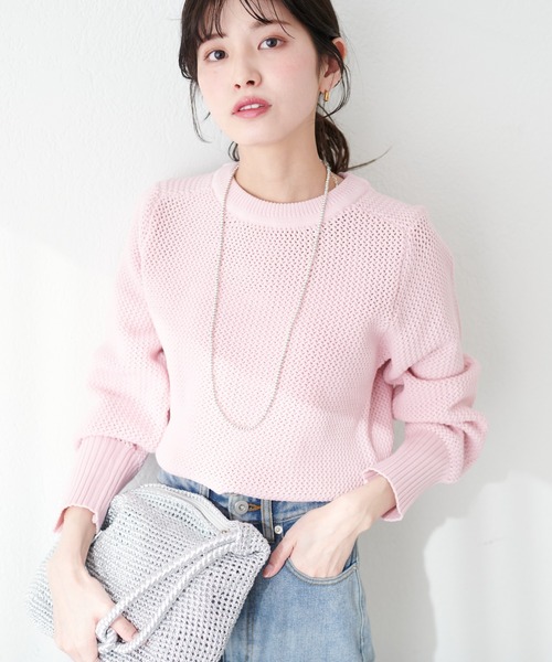 natural couture(ナチュラルクチュール)の「メッシュ編みスポンディッシュニット(ニット/セーター・レディース・チャコールグレー/オフホワイト/ピンク/グリーン・FREE)」の22枚目の写真