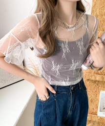 5分袖シアーレース刺繍トップス