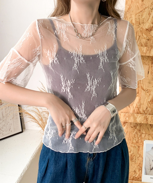 emi+(エミプラス)の「5分袖シアーレース刺繍トップス(Tシャツ/カットソー・レディース・ブラック/ベージュ/ホワイト・FREE)」の10枚目の写真