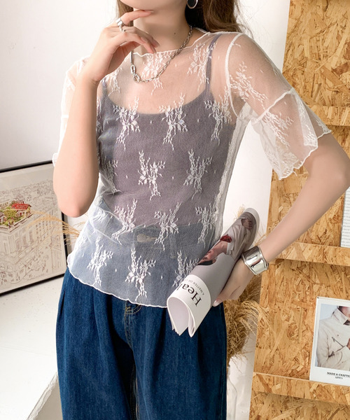 emi+(エミプラス)の「5分袖シアーレース刺繍トップス(Tシャツ/カットソー・レディース・ブラック/ベージュ/ホワイト・FREE)」の11枚目の写真