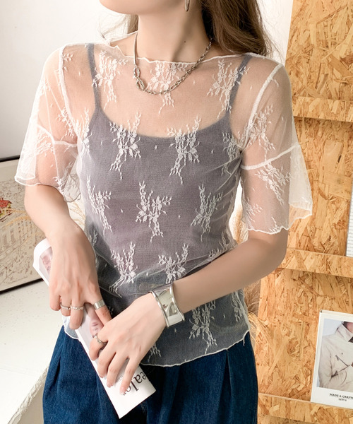 emi+(エミプラス)の「5分袖シアーレース刺繍トップス(Tシャツ/カットソー・レディース・ブラック/ベージュ/ホワイト・FREE)」の12枚目の写真