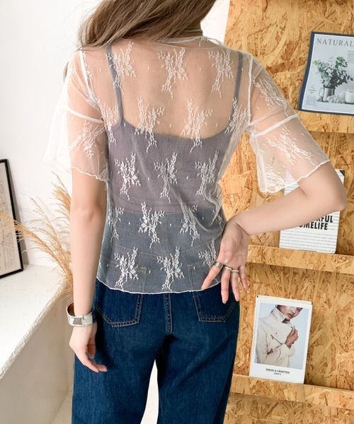 emi+(エミプラス)の「5分袖シアーレース刺繍トップス(Tシャツ/カットソー・レディース・ブラック/ベージュ/ホワイト・FREE)」の13枚目の写真
