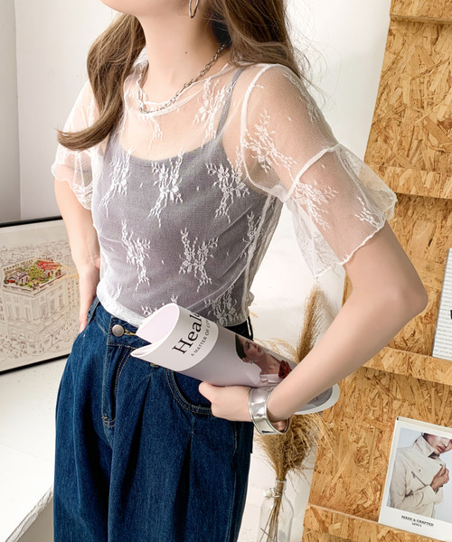 emi+(エミプラス)の「5分袖シアーレース刺繍トップス(Tシャツ/カットソー・レディース・ブラック/ベージュ/ホワイト・FREE)」の15枚目の写真