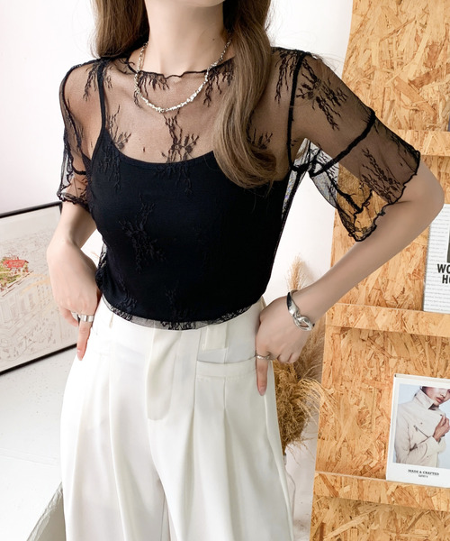 emi+(エミプラス)の「5分袖シアーレース刺繍トップス(Tシャツ/カットソー・レディース・ブラック/ベージュ/ホワイト・FREE)」の17枚目の写真