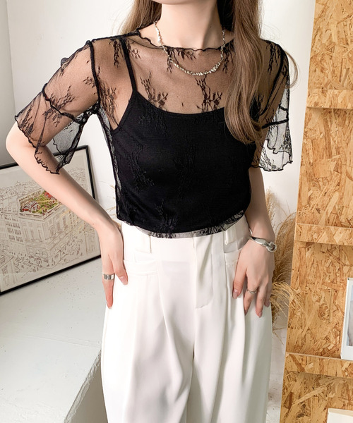 emi+(エミプラス)の「5分袖シアーレース刺繍トップス(Tシャツ/カットソー・レディース・ブラック/ベージュ/ホワイト・FREE)」の18枚目の写真