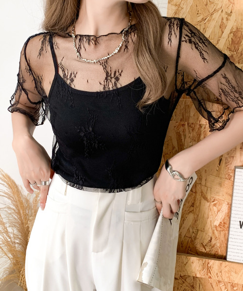 emi+(エミプラス)の「5分袖シアーレース刺繍トップス(Tシャツ/カットソー・レディース・ブラック/ベージュ/ホワイト・FREE)」の20枚目の写真