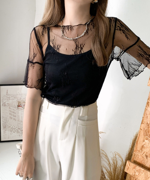 emi+(エミプラス)の「5分袖シアーレース刺繍トップス(Tシャツ/カットソー・レディース・ブラック/ベージュ/ホワイト・FREE)」の22枚目の写真