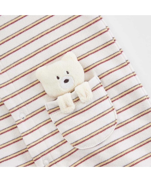 【セール】くまフリースモチーフのスムースボーダーカバーオール（ロンパース）｜KP BOY（ケーピーボーイ）