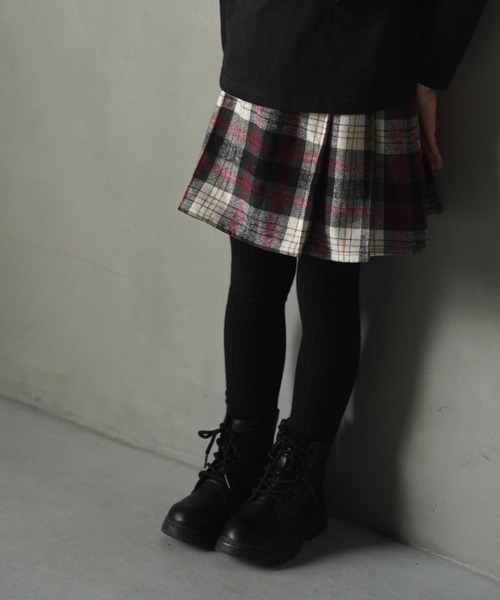 MAKE YOUR DAY(メイクユアデイ)の「チェックとフェイクレザーのプリーツスカート■80~140cm(スカート・キッズ・サックスブルー/レッド/ブラック・120/110/100/80/130/140/90)」の3枚目の写真