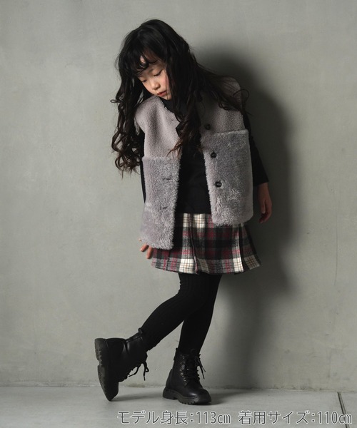 MAKE YOUR DAY(メイクユアデイ)の「チェックとフェイクレザーのプリーツスカート■80~140cm(スカート・キッズ・サックスブルー/レッド/ブラック・120/110/100/80/130/140/90)」の6枚目の写真