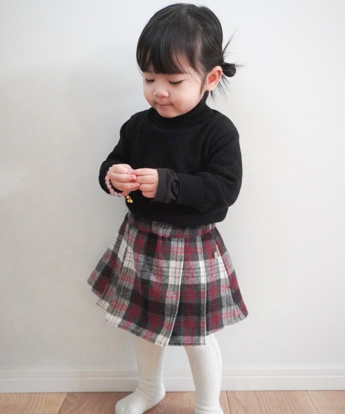 セール】チェックとフェイクレザーのプリーツスカート□80