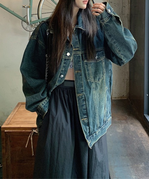 c.u.l（シーユーエル）の「ヴィンテージ風 デニムジャケット culw726（デニムジャケット・レディース・ブルー・L/M/XL）」の7枚目の写真