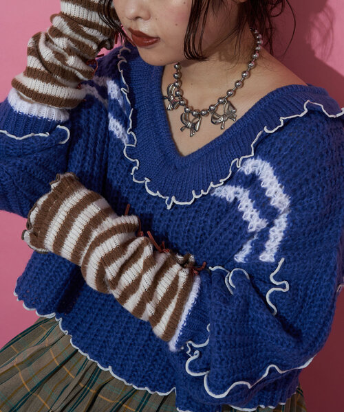 CIAOPANIC(チャオパニック)の「【@yuna_maruu企画】【Me+Me/ミープラスミー】ボーダーリボンアームウォーマ(その他小物・レディース・オフホワイト/ピンク・FREE)」の3枚目の写真