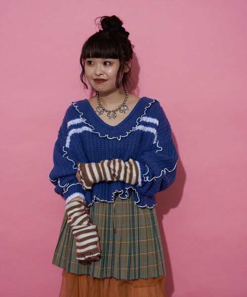 CIAOPANIC(チャオパニック)の「【@yuna_maruu企画】【Me+Me/ミープラスミー】ボーダーリボンアームウォーマ(その他小物・レディース・オフホワイト/ピンク・FREE)」の8枚目の写真