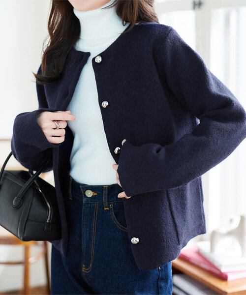 セール】ダブルボタンもっちもちニットジャケット（ノーカラー