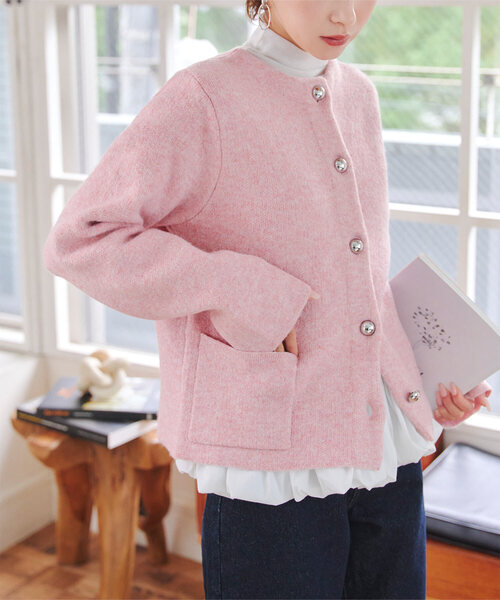 セール】ダブルボタンもっちもちニットジャケット（ノーカラー