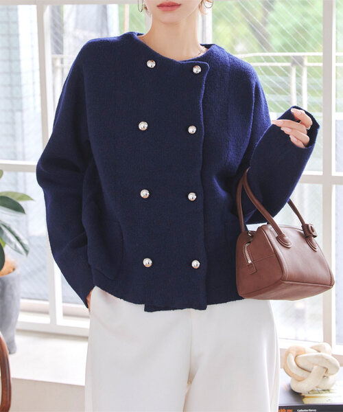 セール】ダブルボタンもっちもちニットジャケット（ノーカラー