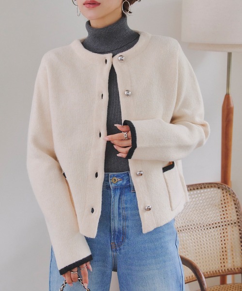 美品　アンパスィ　防風ニットジャケット　ダブルジップアップ　ヘリンボーン セール】ダブルボタンもっちもちニットジャケット（ノーカラー