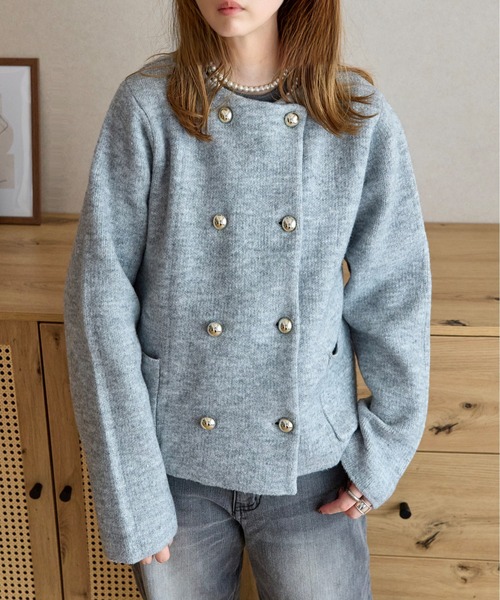 KOBE LETTUCE（コウベレタス）の「ダブルボタンもっちもちニットジャケット（ノーカラージャケット・レディース・グレー/アイボリー系/ブラック系/ブラック/アイボリー系1/ピンク系/ピンク/ネイビー/グレー系/ブラック系2/ネイビー系・M/M1）」の14枚目の写真