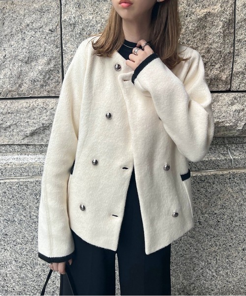 KOBE LETTUCE（コウベレタス）の「ダブルボタンもっちもちニットジャケット（ノーカラージャケット・レディース・グレー/アイボリー系/ブラック系/ブラック/アイボリー系1/ピンク系/ピンク/ネイビー/グレー系/ブラック系2/ネイビー系・M/M1）」の21枚目の写真