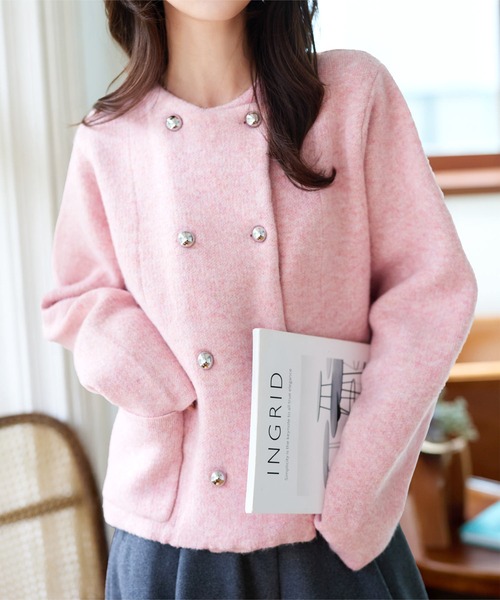 ダブルボタンもっちもちニットジャケット（ノーカラージャケット